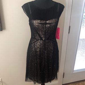Betsy Johnson Gold Sequin Black Lace Dress